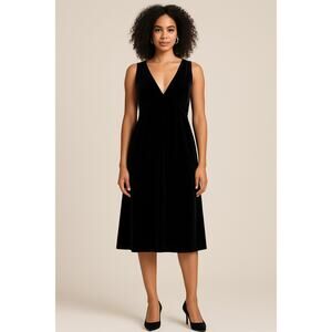 Vince Black Velvet Sleeveless Midi Dress Empire Waist Deep V front and back (L)